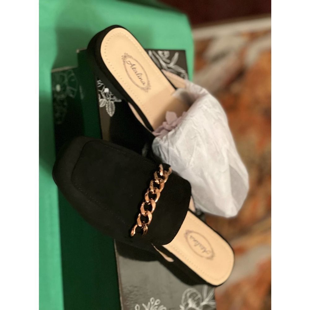 Adalina Black slides chain accent suede MULE 6 Black - Picture 4 of 4